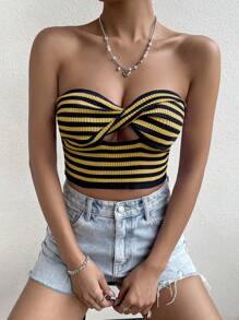 SHEIN Unity Women's Striped Knitted Twist Front Hollow Out Strapless Top - Multicolor - View 1