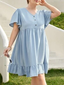 SHEIN Essnce Plus Size Blue Spring Summer New V-Neck Ruffled Sleeve Button Detail Dress - Blue - View 6