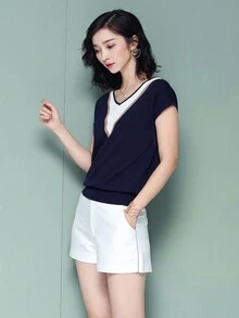 Women's Casual Loose Color Blocking V-Neck Short Sleeve Knitted Top - Navy Blue - View 3
