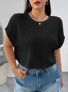 SHEIN EZwear Plus Size Solid Color Round Neck Batwing Sleeve T-Shirt - Black - View 3