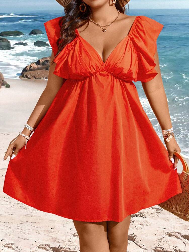 Plus Size Solid Color Flutter Sleeve Flare Dress
