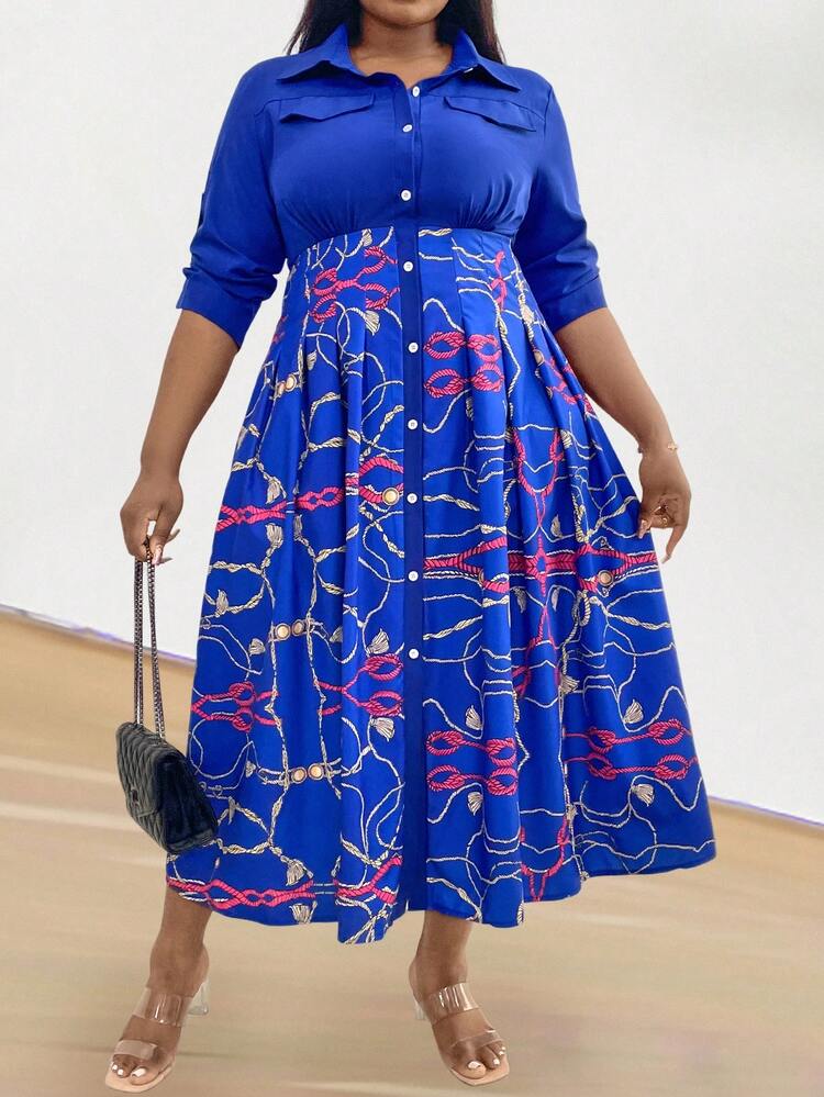 SHEIN Clasi Plus Size Dây chắp vá In eo-Cinching Nút phía trước - Nhiều màu - Xem 4