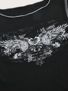 ROMWE Fairycore Wings Print Top-stitching Tee - Black - View 3