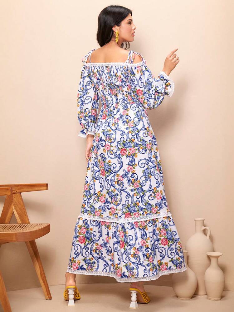 Floral Print Shirred Neckline Wrap Contrast Lace Dress