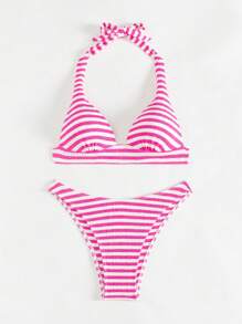 SHEIN Swim Conjunto de bikini con escote de cuello de halter con rayas, anudado, para playa de verano para mujer