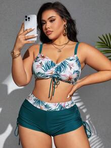 Swim Lushoire Summer Beach Plus Size Tropical Print Bikiniset med dragskodetaljer - Multifärgad - Visa 5