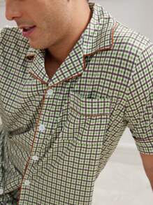 Men's Plaid Collar Short Sleeve And Shorts Homewear Set - Blue - View 6