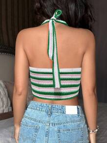 SHEIN Unity Ladies' Striped Halter Knit Top - Green - View 2