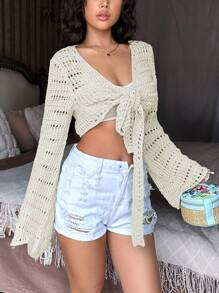 SHEIN Unity 純色鏤空針織荷葉邊開襟衫,喇叭袖,正面繫帶 - 米色 - 查看 7