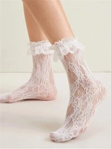 ROMWE Kawaii White Lace Trimmed Mid-Calf Socks For Women - White - View 1