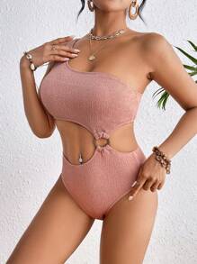 SHEIN Swim 女士单肩镂空连体泳衣夏季 - 咖啡棕 - 查看 4