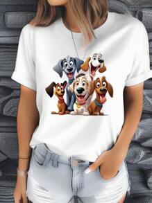 INAWLY 女式可爱卡通动物印花圆领短袖 T 恤图案 T 恤女式上衣 - 白色 - 查看 1