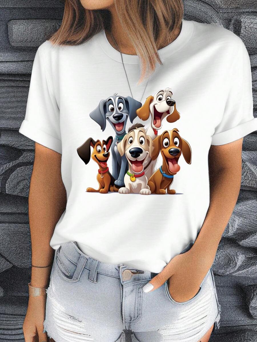 INAWLY 女式可爱卡通动物印花圆领短袖 T 恤图案 T 恤女式上衣 - 白色 - 查看 1