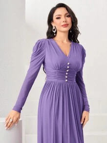 Modelyn Women's Solid Color Pleated Elastic Waist Bubble Sleeve Dress Long Evening Dresses - Lilac Purple - View 6