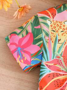 SHEIN Conjunto de tres piezas informal para niña joven con estampado tropical para vacaciones de verano - Multicolor - Ver 7