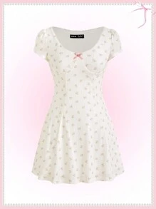 SHEINNeu 可爱甜美芭蕾粉色蝴蝶结小花朵夏季女式连衣裙