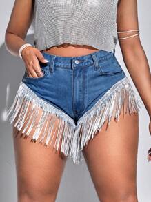 SHEIN SXY 加大碼女士牛仔短褲,帶有流蘇邊和拼接設計 - 中等水洗藍 - 查看 5