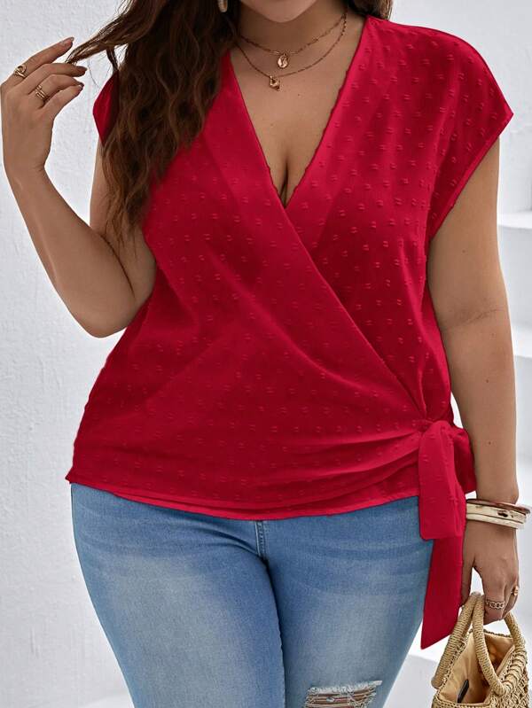 SHEIN VCAY Blusa De Talla Grande Con Estampado Suizo, Cuello En V Y Lazo Lateral