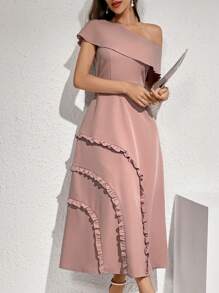 Modelyn Women's Solid Color Asymmetric Collar Dress Long Evening Dresses - Pink - View 4