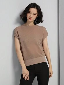 Casual Shiny Crew Neck Knit Top, Spring/Summer - Khaki - View 7