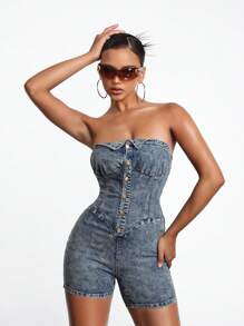 AVEEATION Designer Kvinnor Button Front Tube Cowgirl Denim Romper, för sommar, semester, festival - Blå - Visa 3