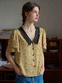 Simple Retro 小碎花印花拼布领前纽扣衬衫 - 綠色 - 查看 4