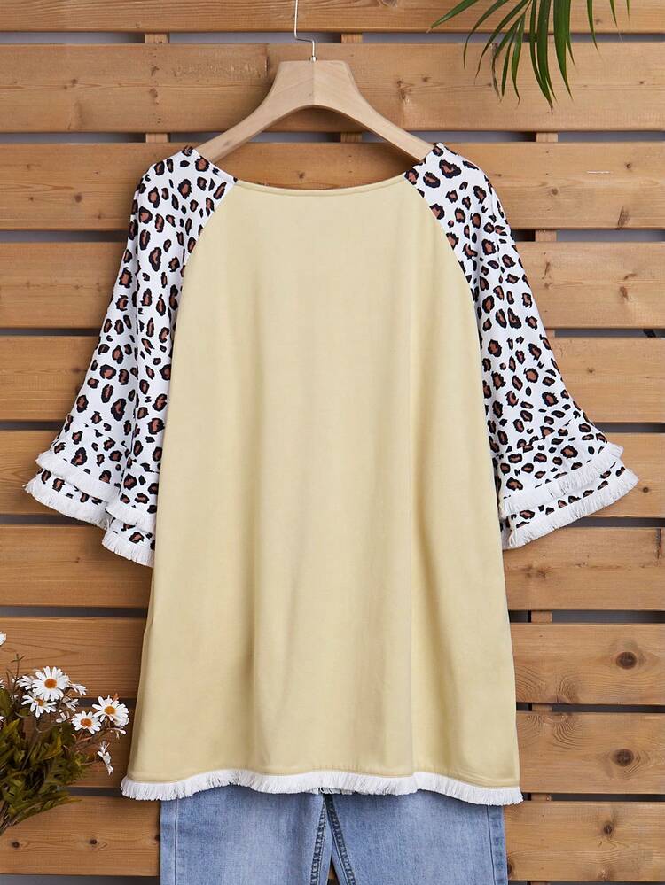 Plus Leopard Print Fringe Trim Raglan Sleeve Tee