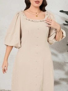 Mulvari Vestido De Tamaño Grande De Manga De Linterna De Color Sólido Con Botones Decorativos - Caqui - Ver 5