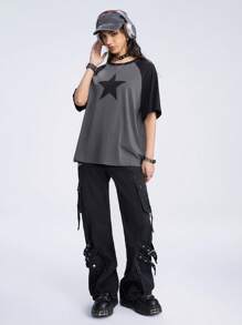 ROMWE Grunge Punk Loose Fit Casual Color Block Raglan Sleeve Starry Printed T-Shirt, School
