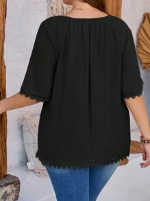 EMERY ROSE Plus Size Solid Color Lace Panel Shirt