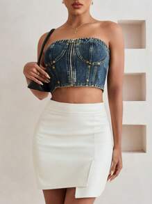 Aveloria Retro Style Zipper Detail Denim Bustier Top With Pearl Embellishments