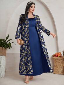 Al Najma Loose Fit Casual Abaya With Gold Foil Print, Muslim Fashion Abaya For Casual/Festival/Gathering/Travel - Navy Blue - View 4
