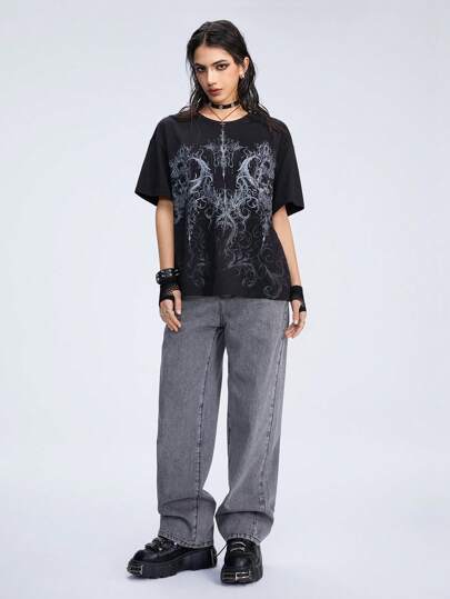 Grunge Punk Punk Style Loose Fit Women's T-Shirt With Gothic Cross Print, For School