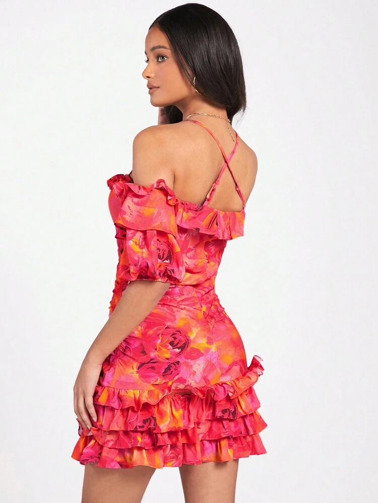 Floral Printed Off-Shoulder Ruffle Trim Bodycon Dress With Flower Accents, Perfect For A Romantic Date