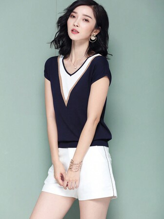 Women's Casual Loose Color Blocking V-Neck Short Sleeve Knitted Top