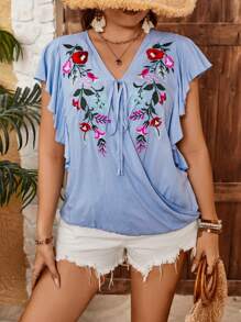 SHEIN VCAY Kích thước lớn Thêu hoa Tie Trước Xù Hoa Sen Áo sơ mi - Màu xanh lam - Xem 4