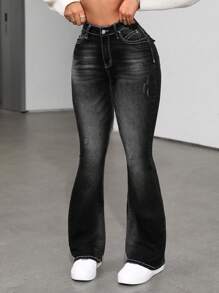 SHEIN ICON Washed Flared Jeans With Slanted Pockets - Black - View 7
