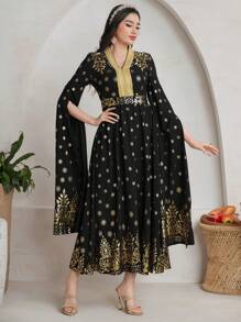 Al Najma V 领开衩下摆长裙简约时尚日常休闲 - 黑色 - 查看 4