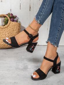 Của phụ nữ Thêu hoa Dày Giày cao gót Dép xăng đan , Đen Thanh lịch Faux Suede Dây đeo mắt cá chân Mùa hè Giày cao gót - màu đen - Xem 5