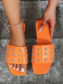 Orange Rivet Design Wide Fit Flat Sandals For Women, Summer Shoes - Orange - View 1