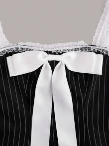 SHEINNeu 芭蕾撞色蕾丝边大蝴蝶结短款夏季连衣裙 - 黑與白 - 查看 4