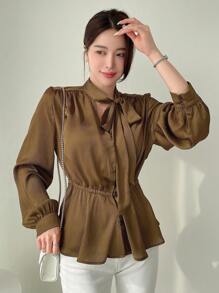 Dazy Designer Women's Waist Drawstring Design Shirt With A Sense Of Style,Ruffle,Fall Women Clothes Long Sleeve Top - Khaki - View 3