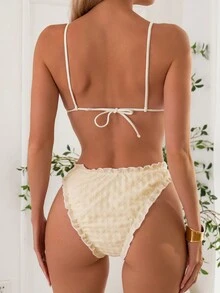 Swim Mod Summer Beach Tie Back Frill Trimmed Ornament Bikini Set - Apricot - View 3