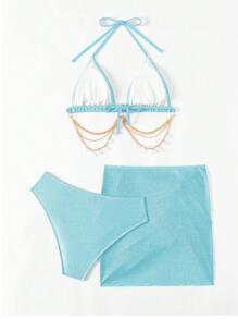 Swim SXY Set 3 bộ bikini cổ yếm nữ đi biển mùa hè - Màu xanh nhạt - Xem 3