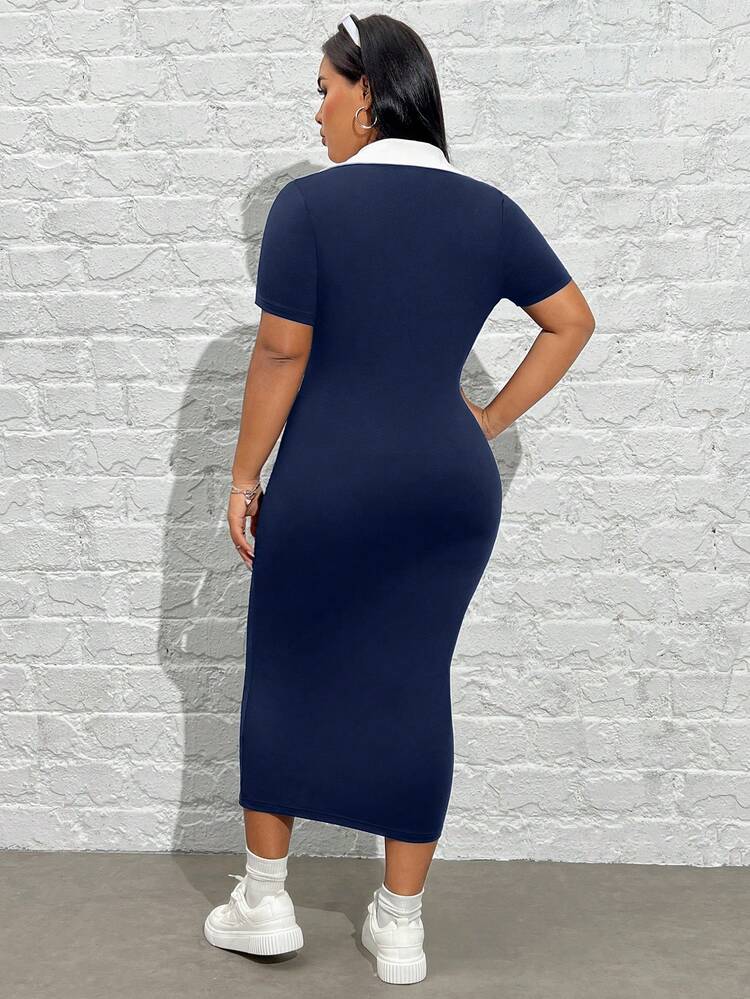 SHEIN EZwear 女式大码弹力拼色 Polo 领短袖紧身中长连衣裙，适合夏季/秋季/校园/户外运动/室内休闲/日常穿着 - 藍白色 - 查看 2