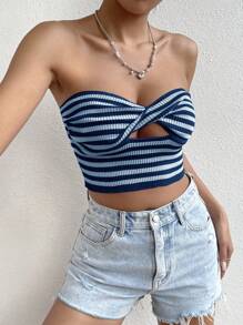 SHEIN Unity Women's Striped Halter Knit Top With Twist & Hollow Out Design - Blue - View 5