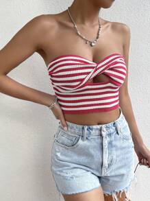 SHEIN LUNE Women's Striped Twisted Knot Cut Out Strapless Knitted Top - Multicolor - View 3