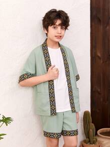 SHEIN 青少年男孩鬆身可愛幾何刺繡拼接提花緞帶針織針織開衫和短褲套裝 - 綠色 - 查看 3