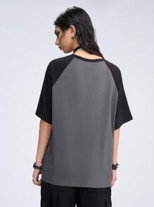 ROMWE Grunge Punk Loose Fit Casual Color Block Raglan Sleeve Starry Printed T-Shirt, School