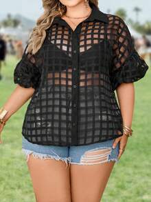 SHEIN LUNE Plus Size Grid Mesh Perspective Shirt - Black - View 4